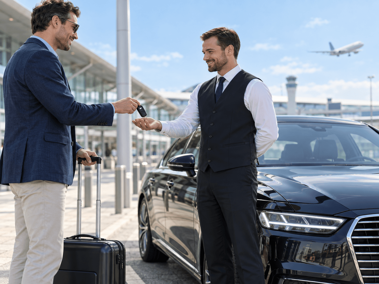 Traveller handing car keys to a professional valet beside a premium vehicle