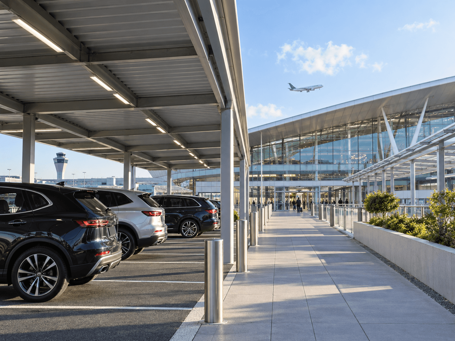 Covered airport parking bays beside a terminal entrance