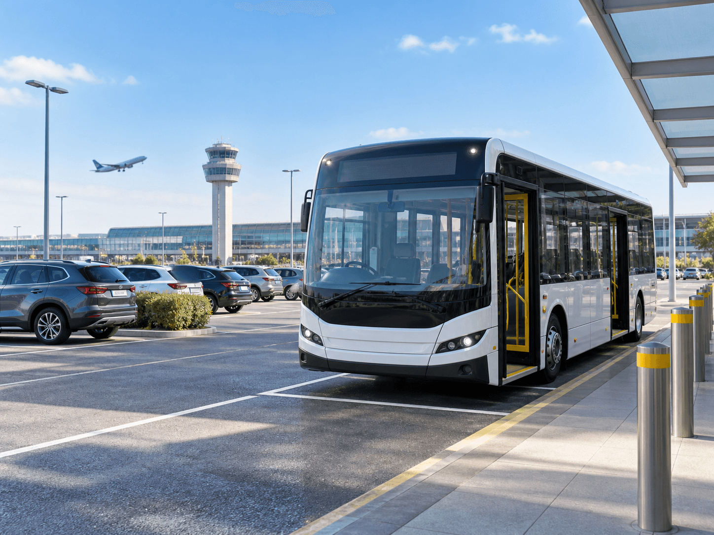 Clean airport parking facility with a shuttle bus