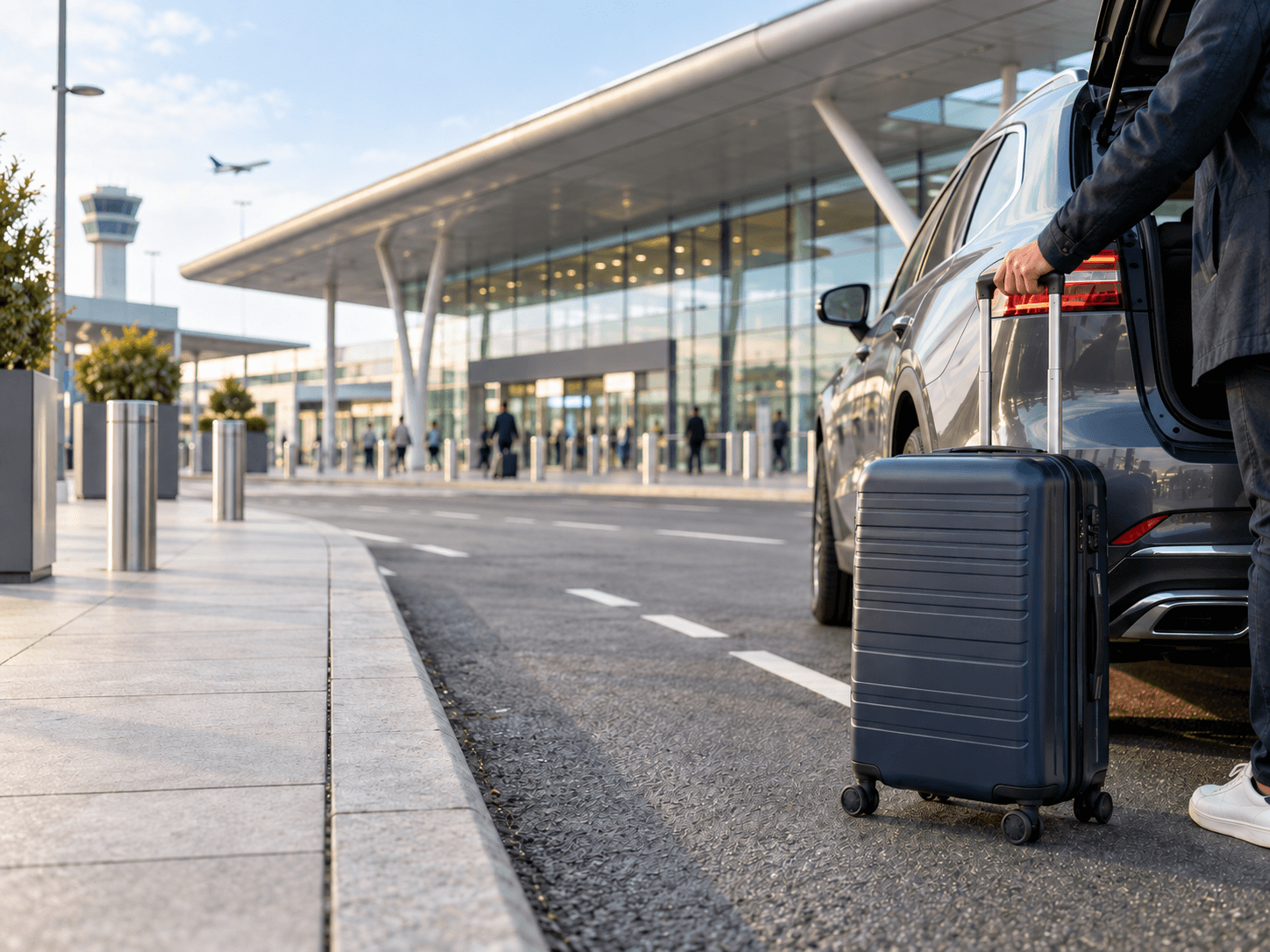 Traveller with a suitcase beside a vehicle at an airport drop-off zone