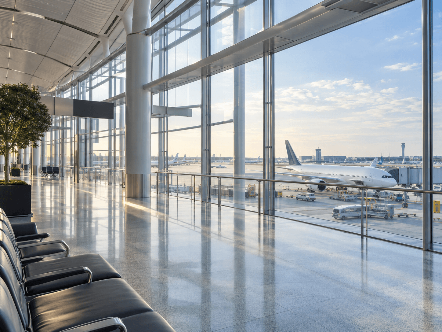 Heathrow terminal windows overlooking aircraft on the airport apron