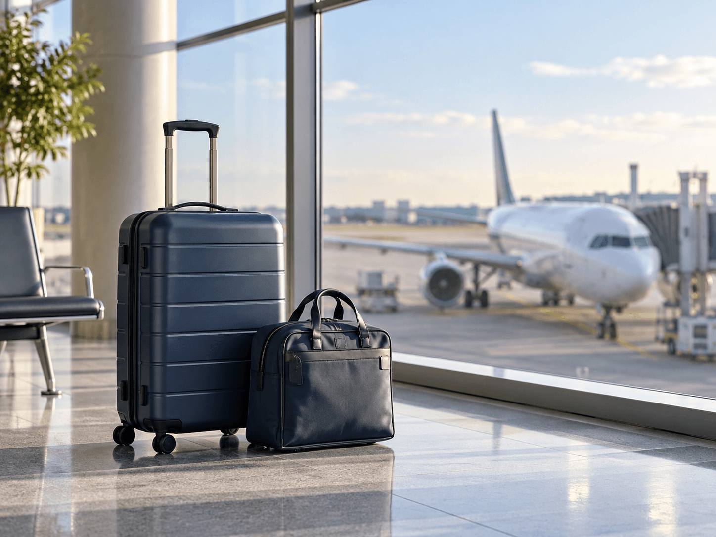 Travel suitcase and carry-on beside an airport terminal window